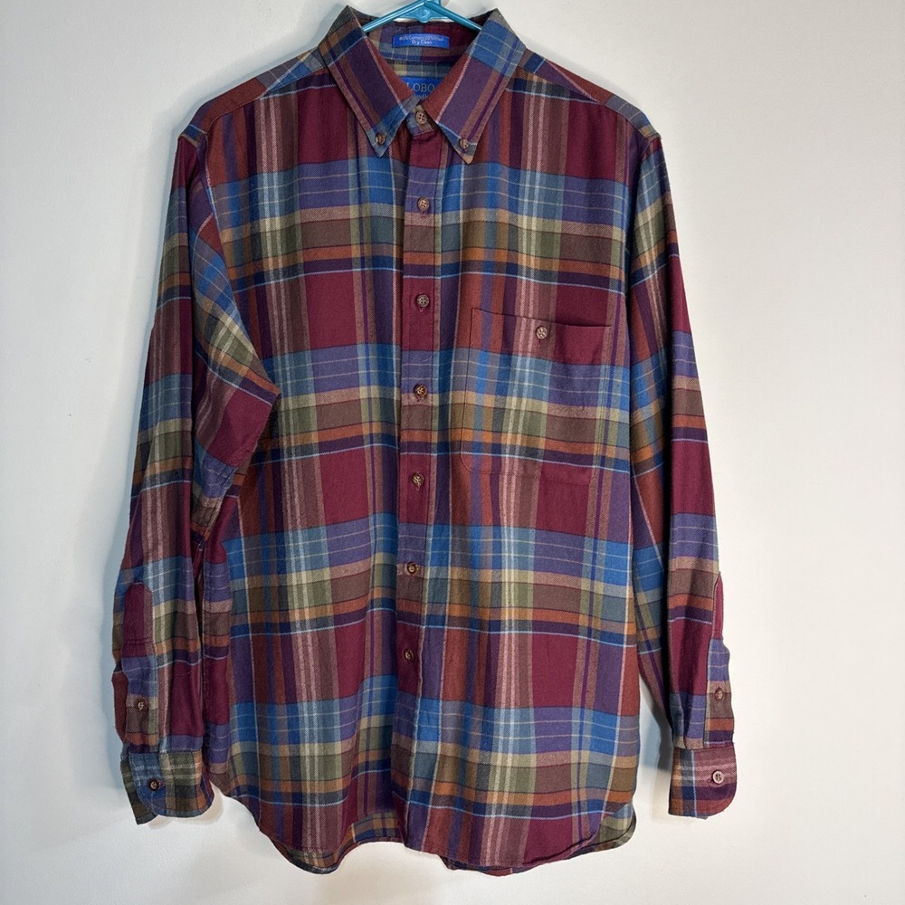 Vtg Pendleton Shirt Mens L Plaid LOBO Red Blue Aztec Wool Blend Flannel USA #047